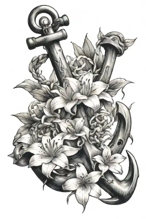 Anchor And Lilly Flowers Intertwined