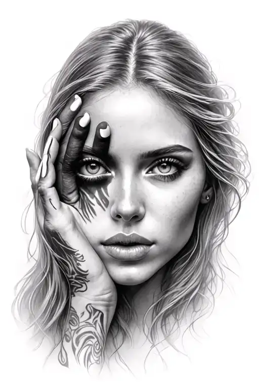 Beautiful Woman With Long Hair Covering One Eye With Her Hand