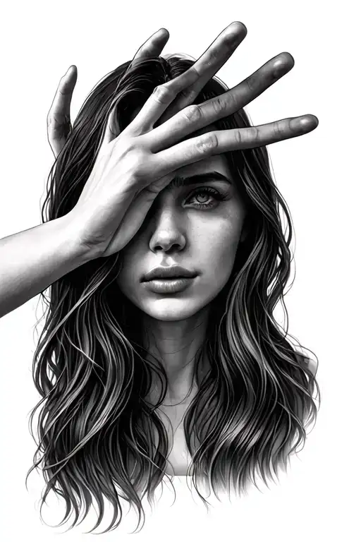 Beautiful Woman With Long Hair Covering One Eye With The Palm Of Her Hand