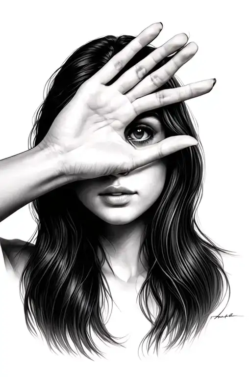 Beautiful Woman With Long Hair Covering One Eye With The Palm Of Her Hand