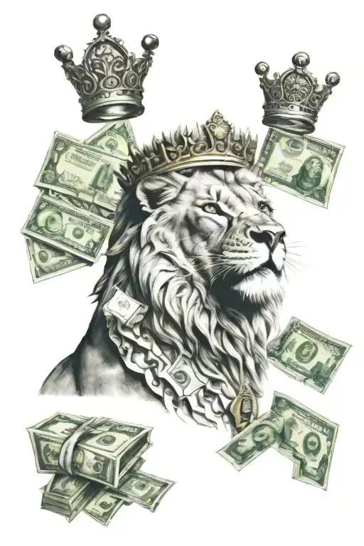 Lion Wearing A Crown With Money In Its Mouth