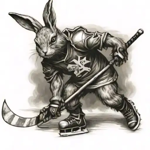 Gentle Rabbit Playing Hockey With A Gremlin
