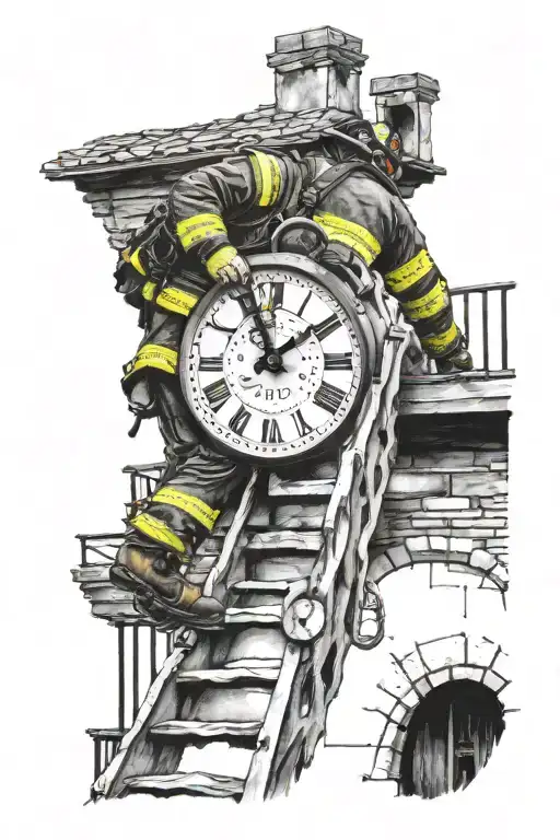 Firefighter Climbing Winding Broken Stairs That Lead To A Broken Clock