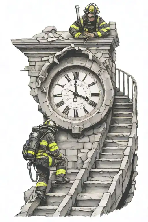 Firefighter Climbing Winding Broken Stairs That Lead To A Broken Clock