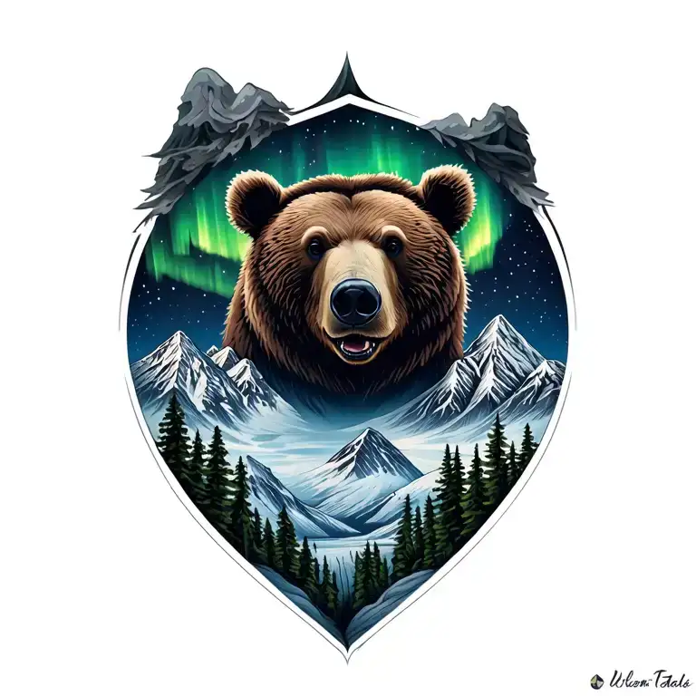 Denali Mountain With Grizzly Bear And Northern Lights