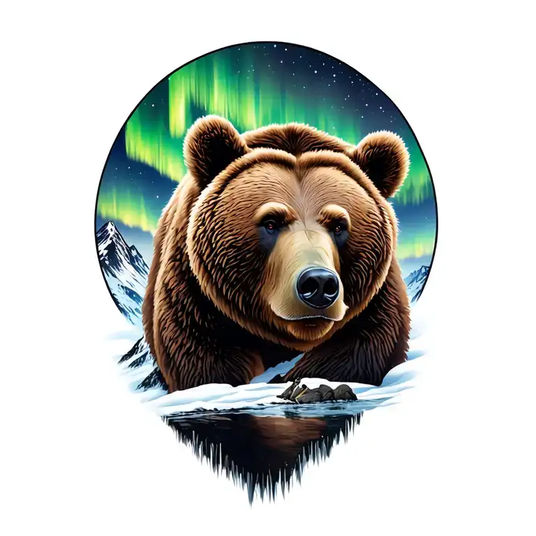 Mount Mockinley With Grizzly Bear And Northern Lights