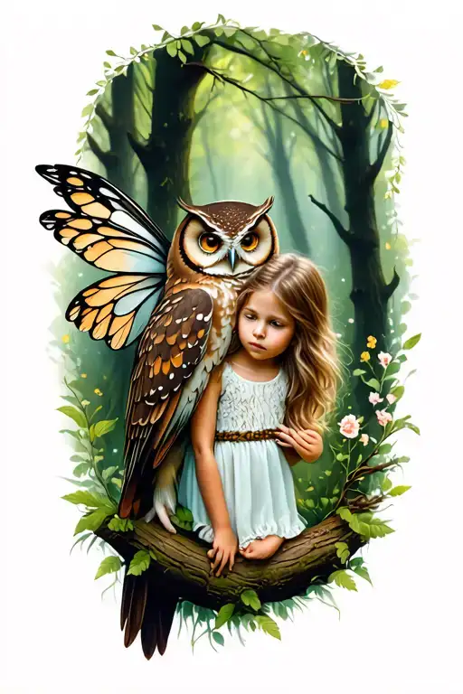 Fairy Child And Owl In Forest