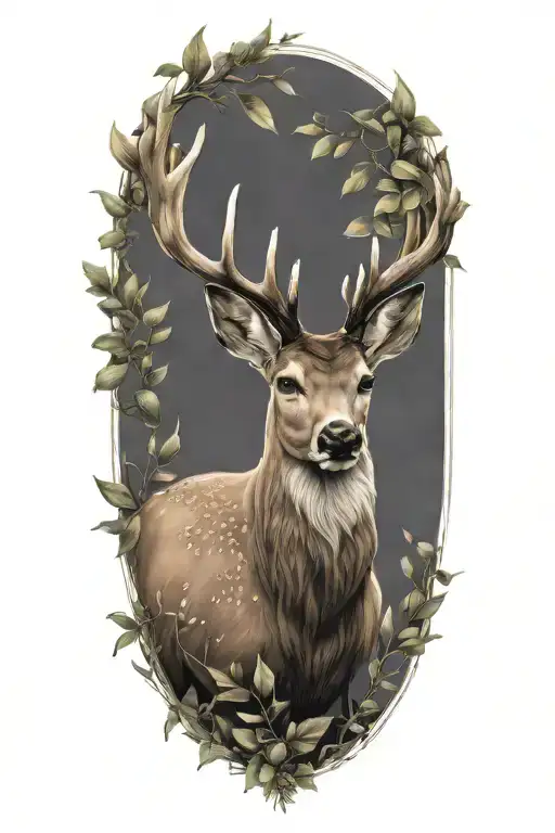 Deer With Foliage Portrait
