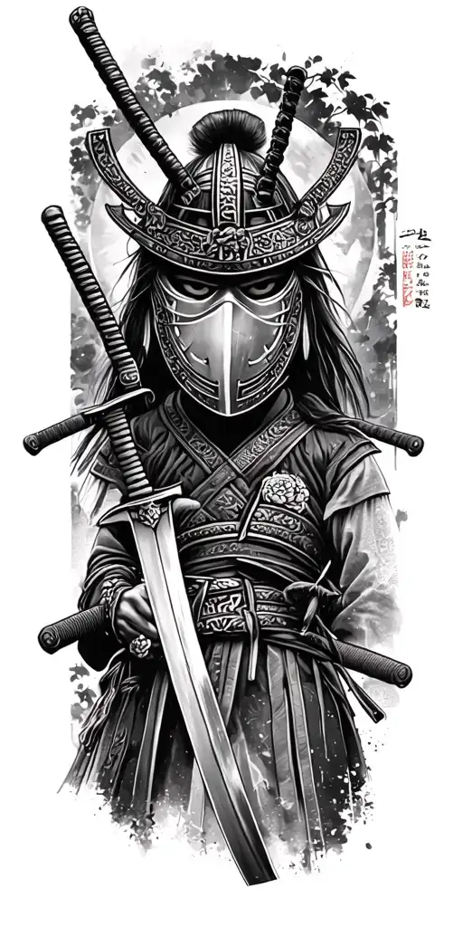 Samurai With Katana In Mask Black And White Tattoo Sketch Simple
