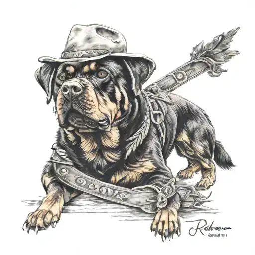 Old Rottweiler With Cowboy Hat Written 300