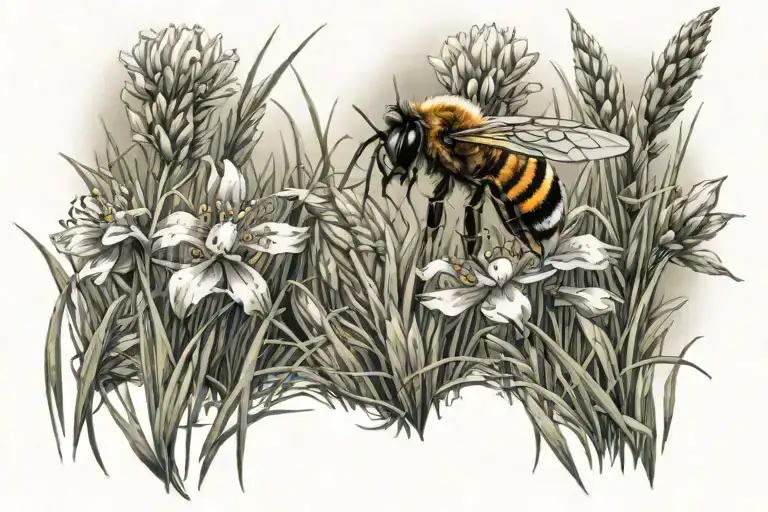 Grass Field With Flowers And A Bee