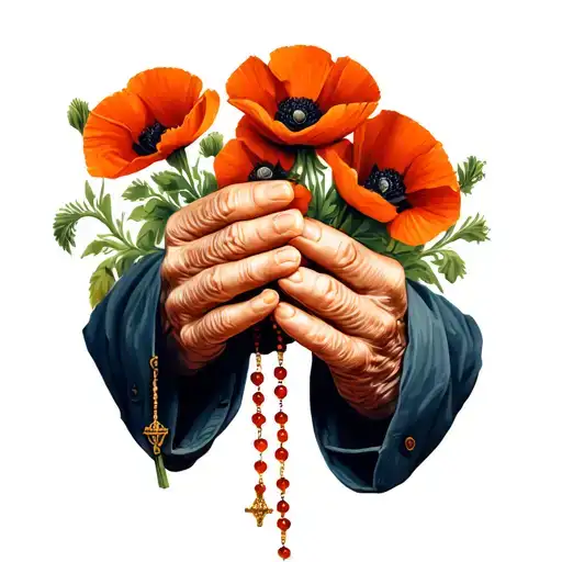 Hands Of An Old Man Holding Rosary Beads And Poppy Flowers