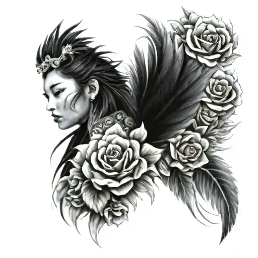 Feathered Phoenix And Roses Wrapped Hmong Beautiful Girl Fantasy Style Realism