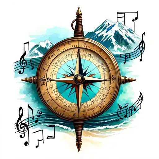 Mountain And Ocean Traveller Compass Surrounded My Music Notes