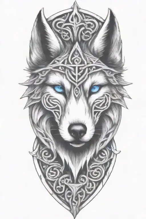 Wolf With Blue Eyes On Armor Tattoo Design Featuring Celtic Trinity Knot