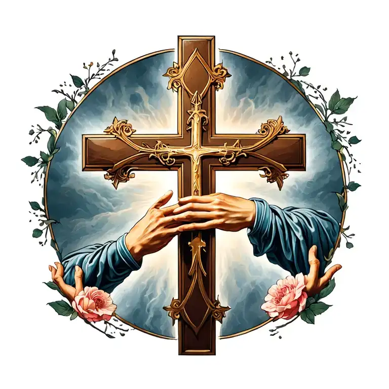 Catholic Cross With Hands Reaching