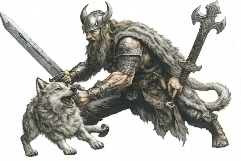A Viking Kills A Giant Wolf With A Sword