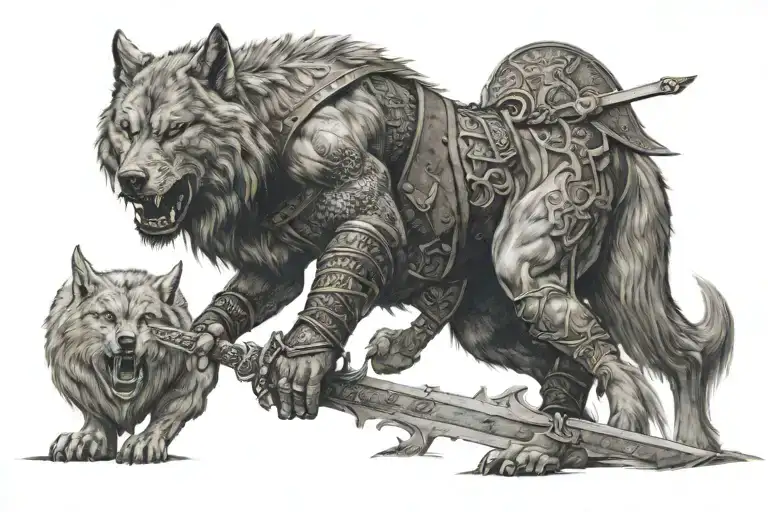 A Viking With A Sword Facing A Giant Wolf