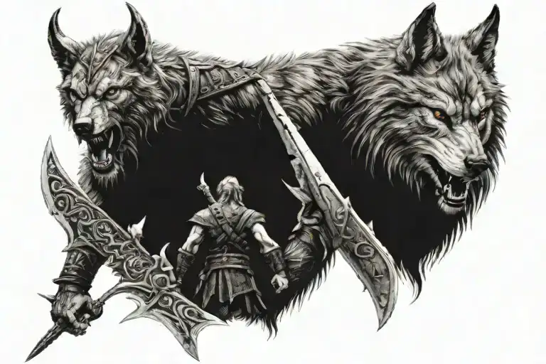 Face To Face A Viking With A Sword Facing A Giant Wolf