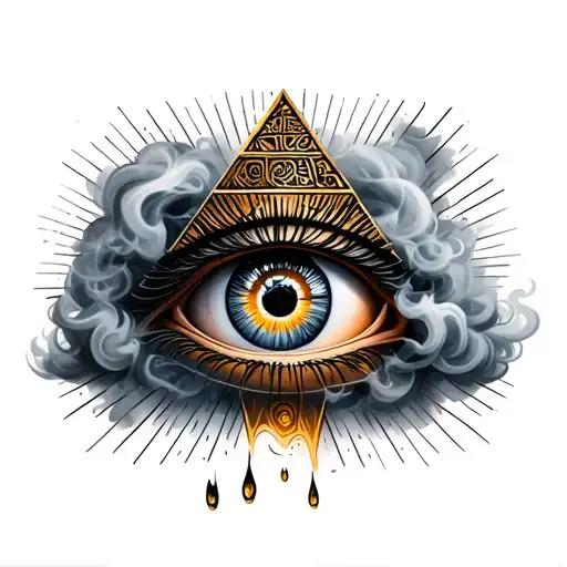 All Seeing Eye In A Pyramid With Smoke And Rays Around It And A Tear Coming Down The Eye