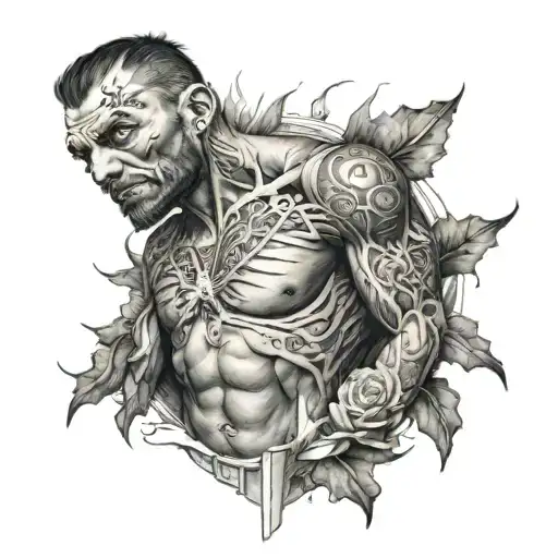 Man Tattoo From Chest To Elbow