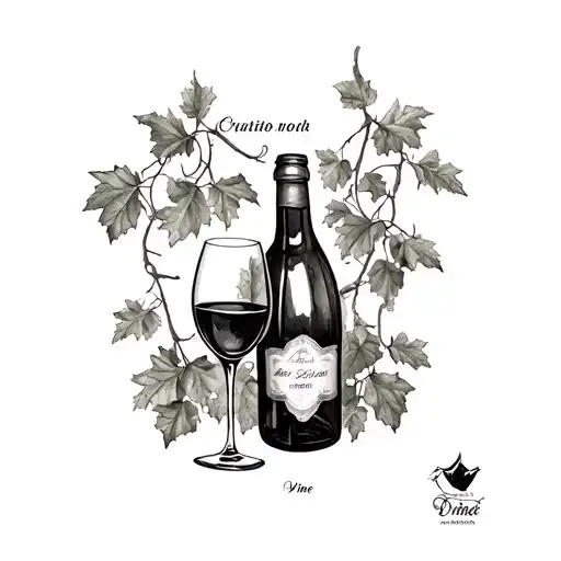 Wine Bottle And Glass Surrounded By Grapevines