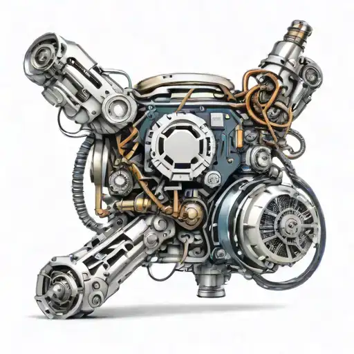 A Cybernetic Robot Arm Holding A Motherboard With Circuitry Flowing Into A Vintage Car Engine