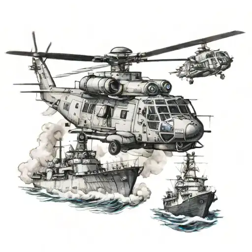 Navy Ship And Helicopter Flying
