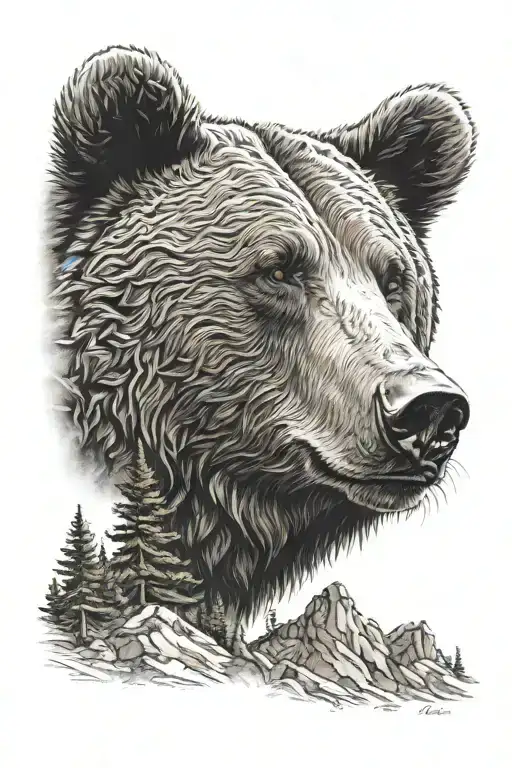 Grizzly Bear Head Over A Mountain Man