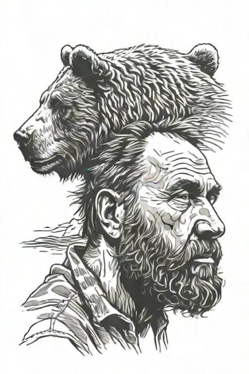Grizzly Bear Head Over A Bearded Man