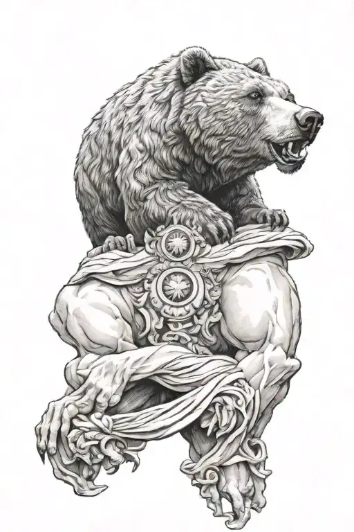 Grizzly Bear Head Over A Greek God Hermes
