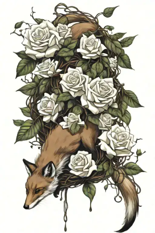 White Roses On A Vine Intertwined With Petals Falling Down With A Fox Leaping In Them