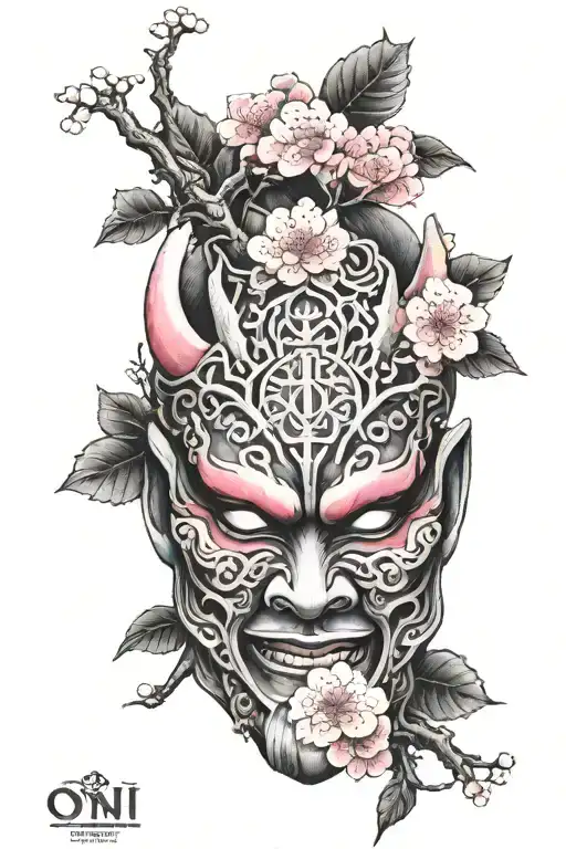 Oni Mask With Nordic Tree Of Life And Pink Sakura Blossoms