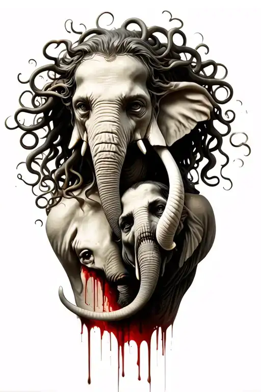 Medusa Holding A Man's Head And An Elephant Head Bleeding