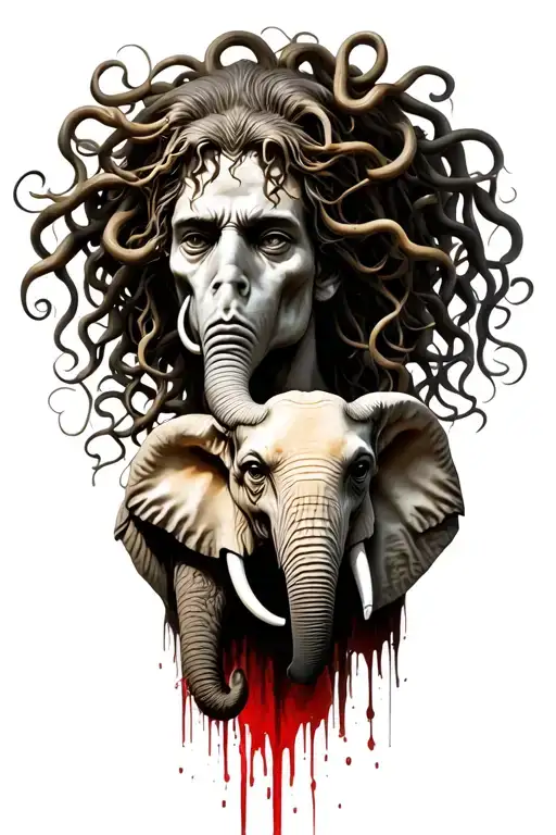 Medusa Holding A Man's Head And An Elephant Head Bleeding