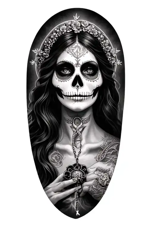 Catarina With Santa Muerte High Of The Chest Makeup With A Rosary With A Rosary