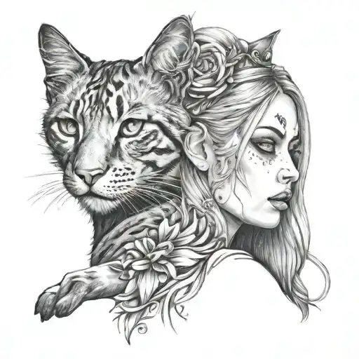 Half A Gothic Woman And Half A Feline With 2 Falling Locks