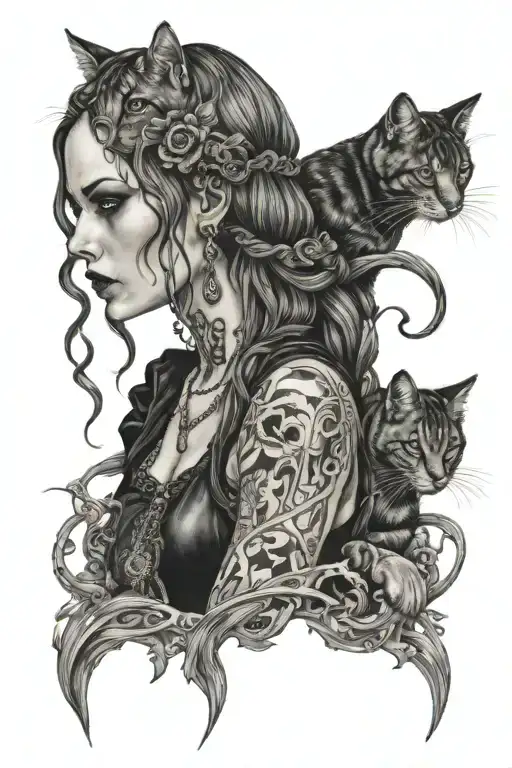 A Gothic Woman With 2 Falling Locks And A Feline