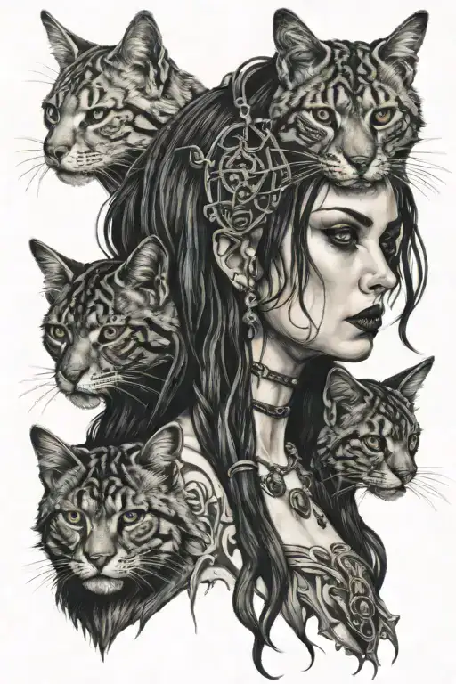 A Gothic Woman With 2 Falling Locks And A Wild Feline