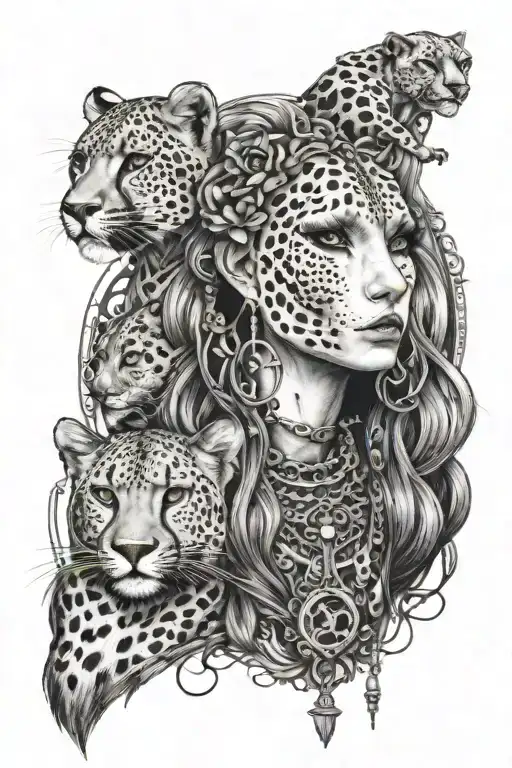A Gothic Woman With 2 Falling Locks And A Wild Cheetah And A Cross