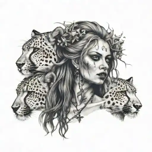 A Gothic Woman With 2 Falling Locks And A Wild Cheetah And A Cross