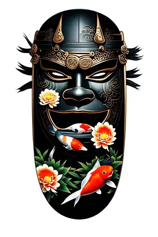 A Samurai Mask With Koi Fish And Chrysanthemums Flower And Bamboo