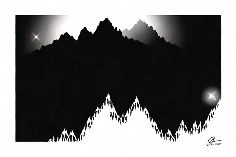 Six Mountain Tops With Sun In The Background