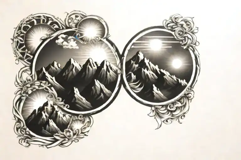 Six Mountain Tops With Sun In The Background