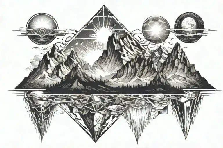 Six Mountain Tops With The Sun In The Background