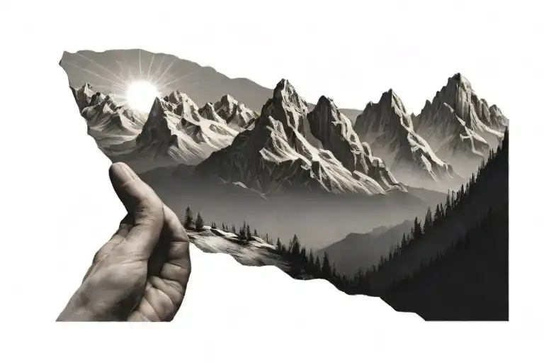 Six Mountain Tops With The Sun In The Background