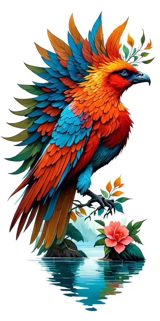 Phoenix Bird With River And Flowers And Leaves