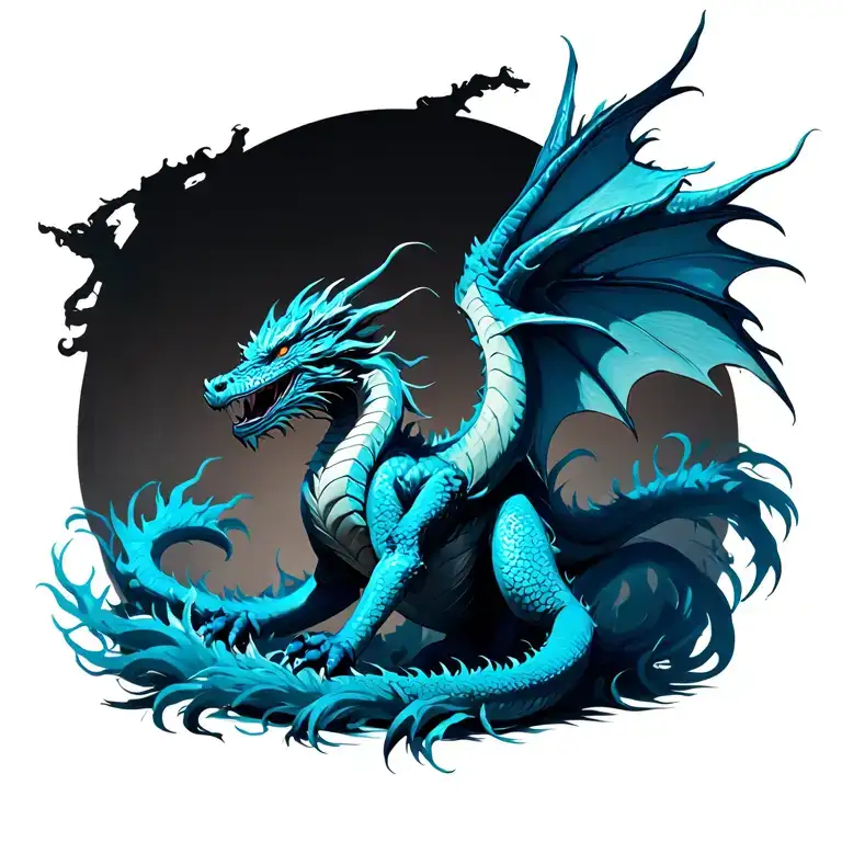 Dragon With Long Tail And Highlights Of Blue Throughout The Body And Hair And Wings Spread