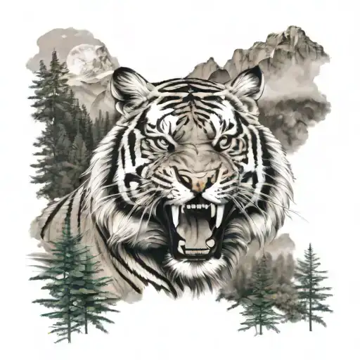 Tiger With Mountains And Forest Surrounding Them