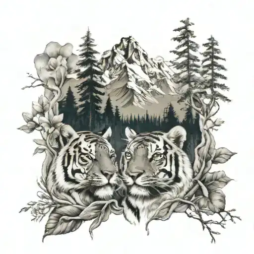 Tiger With Mountains And Forest Surrounding Them Three Words